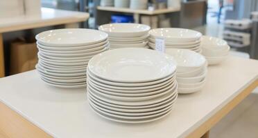 A stack of white plates and bowls arranged on a table. photo