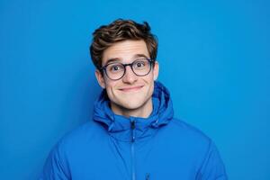 Happy young man blue jacket, studio portrait photo