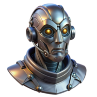 distinguished retro Cyberpunk robot head, intricate details, metallic, wires, glowing eyes. NO BACKGROUND with Transparent Background. gallery standard png