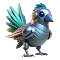 acclaimed surreal Robot bird, metallic feathers, futuristic design, advanced AI. NO BACKGROUND with Transparent Background. studio quality png