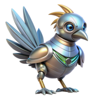 splendid playful rustic Robot bird, metallic feathers, futuristic design, advanced AI. NO BACKGROUND with Transparent Background. expertly shot png