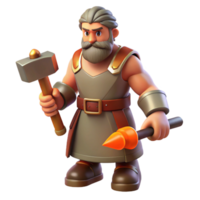 playful immaculate Hephaestus, God of the Forge, holding hammer, NO BACKGROUND with Transparent Background. detailed png