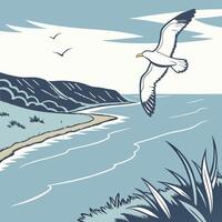 A seagull soaring above the clear blue ocean with a light breeze vector
