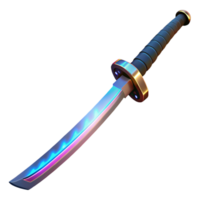 remarkable contemporary Cyberpunk katana with glowing blade NO BACKGROUND with Transparent Background. perfect clarity png