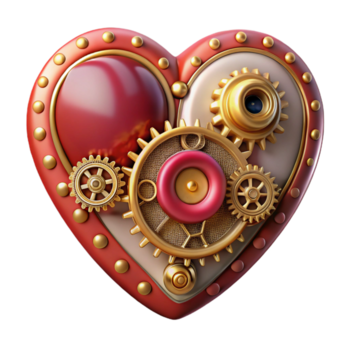 captivating art deco Steampunk clockwork heart with intricate gears and ruby accents. NO BACKGROUND with Transparent Background. elite png