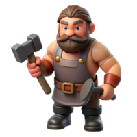 beautiful whimsical classic A muscular dwarf blacksmith holding a hammer, NO BACKGROUND with Transparent Background. sharp png
