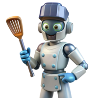 alluring distinguished Futuristic robot chef holding a spatula. NO BACKGROUND with Transparent Background. png