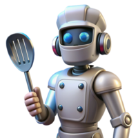 coveted organic Futuristic robot chef holding a spatula. NO BACKGROUND with Transparent Background. flawless png