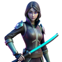 dramatic avant-garde Cyberpunk style female assassin with glowing katana. NO BACKGROUND with Transparent Background. flawless png