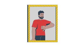 Angry black man in mirror giving thumb down disapproval 2D character animation. Negative feedback. African american guy unsatisfied animated person cartoon 4K isolated on white transparent video