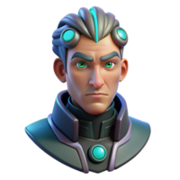 acclaimed geometric Cyberpunk character head with glowing cybernetic implants NO BACKGROUND with Transparent Background. museum quality png