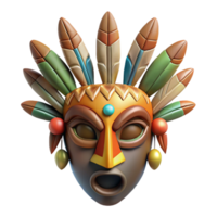 distinguished retro A stylized, tribal mask, adorned with feathers and beads. NO BACKGROUND with Transparent Background. original png