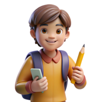 distinguished surreal Student, backpack, holding pencil, NO BACKGROUND with Transparent Background. high resolution png