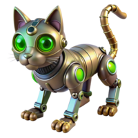 beautiful retro Steampunk robotic cat with articulated legs and glowing green eyes. NO BACKGROUND with Transparent Background. elite png