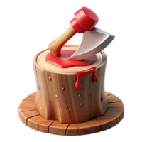 elegant timeless A single, bloodied axe embedded in a wooden stump. NO BACKGROUND with Transparent Background. png