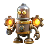 dreamy enchanting Steampunk robot icon with exposed gears and glowing vacuum tubes. NO BACKGROUND with Transparent Background. premium png