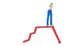 Panicked businesswoman falling with breaking chart arrow 2D animation. Failure, economic crash. Office worker collapse animated character cartoon flat concept metaphor 4K isolated on white video