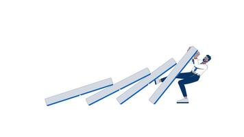 Economic troubles 2D animation. Domino chain reaction collapse. Businessman trying to stop falling dominoes from toppling animated character cartoon flat concept metaphor 4K isolated on white video