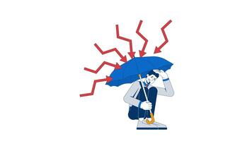 Protection from recession 2D animation. Financial shelter. Worried businessman crouching under umbrella from crisis arrows animated character cartoon flat concept metaphor 4K isolated on white video