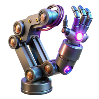 tirar o fôlego rústico cyberpunk robótico braço com intrincado fiação e brilhando circuitos. não fundo com transparente fundo. precisão png