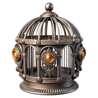 beautiful distinguished Steampunk birdcage with intricate metalwork and decorative embellishments. NO BACKGROUND with Transparent Background. png