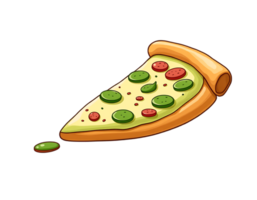 A delicious cartoon slice of pizza with pepperoni and parsley on a white background png