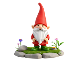 A charming garden gnome with a red hat and white beard on a bed of grass with flowers png