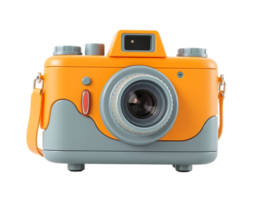 Retro orange camera with a grey base and strap png