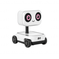 Cute robotic toy with a smiling face, designed for kids, featuring large expressive eyes and a compact shape, set against a white isolated background. png