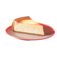 Delicious slice of cheesecake on a plate, beautifully presented to highlight creamy texture and golden crust, perfect for dessert lovers and food photography. png