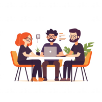 Three professionals collaborating at a table with a laptop, engaged in a discussion. The atmosphere is modern and vibrant, showcasing teamwork and creativity. png
