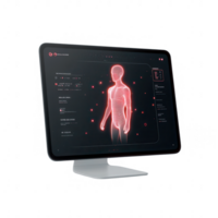 Futuristic computer monitor displaying a digital human anatomy model with glowing effects on a dark background. png