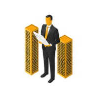 Businessman standing between two skyscrapers, holding a document in a professional setting, suitable for corporate themes and financial concepts, isolated on a white background. png