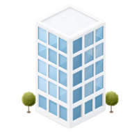 Modern office building with a sleek design, featuring large windows, surrounded by small trees. Ideal for urban development themes. png