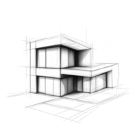 Architectural sketch of a modern building design with structural outlines and grid elements on a white background. png