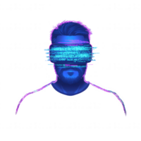 Futuristic digital art of a man with glitch-style virtual reality headset, glowing effects, abstract representation of technology and cyber life. png