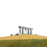 Ancient stone structure standing on a grassy hill, surrounded by scattered rocks and wildflowers, creating a picturesque landscape under a clear sky. png