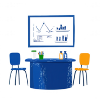 Illustration of a modern workspace with a table, chairs, and a presentation board displaying charts and graphs, suitable for office and business concepts. png
