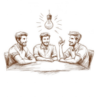 Three people engaged in a brainstorming session around a table, with a light bulb above, symbolizing creativity and collaboration. png