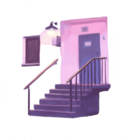 Stylish staircase leading to a door, with a modern design and warm lighting, set against a clean background. Perfect for architectural concepts and interior design. png