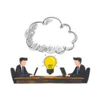 Two business professionals brainstorming ideas at a table, with a light bulb representing creativity and innovation above them, minimalist design on a white background. png