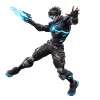 Dynamic action pose of a futuristic hero wielding a glowing weapon, ready for battle against an isolated background, perfect for gaming or sci-fi themes. png
