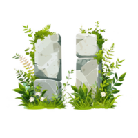 Two moss-covered stone pillars surrounded by lush green vegetation and wildflowers, creating a serene and tranquil atmosphere in nature. png
