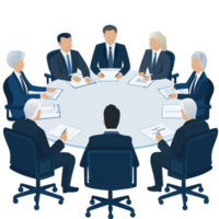 affaires réunion illustration avec diverse professionnels assise autour une rond table engageant dans une discussion, avec les documents et des stylos visible. png