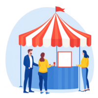 Three people interacting at a colorful tent kiosk with a bright striped canopy, enjoying a casual outing filled with laughter and conversation. png