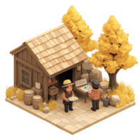 Two artists engaging in a painting session outside a rustic cabin surrounded by golden autumn trees. png