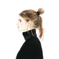 Profile view of a young woman with a ponytail, wearing a black turtleneck. Aesthetic and modern representation of youth and style, suitable for various creative projects. png