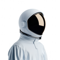An astronaut in a modern white space suit with a reflective helmet, showcasing advanced space exploration gear against a white isolated background. png