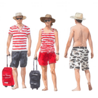 Four characters in summer attire with hats and luggage, showcasing a playful vacation vibe. Bright colors and fun expressions convey a sense of adventure and leisure. png
