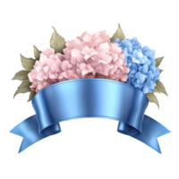 A beautiful arrangement of pink and blue hydrangeas with green leaves, accented by a soft blue ribbon, perfect for design or decoration purposes. png